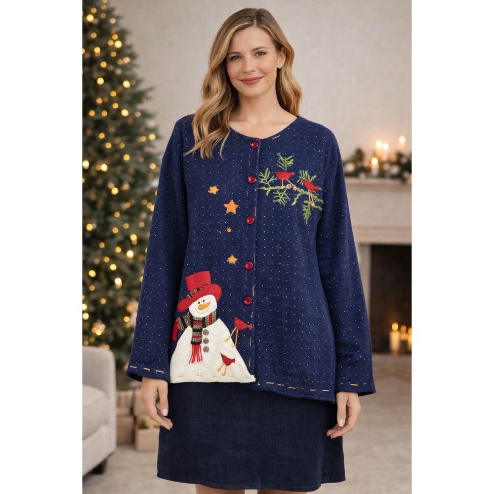 Hand Embroidered Snowman Christmas Jacket One Size Quilted Folk Art